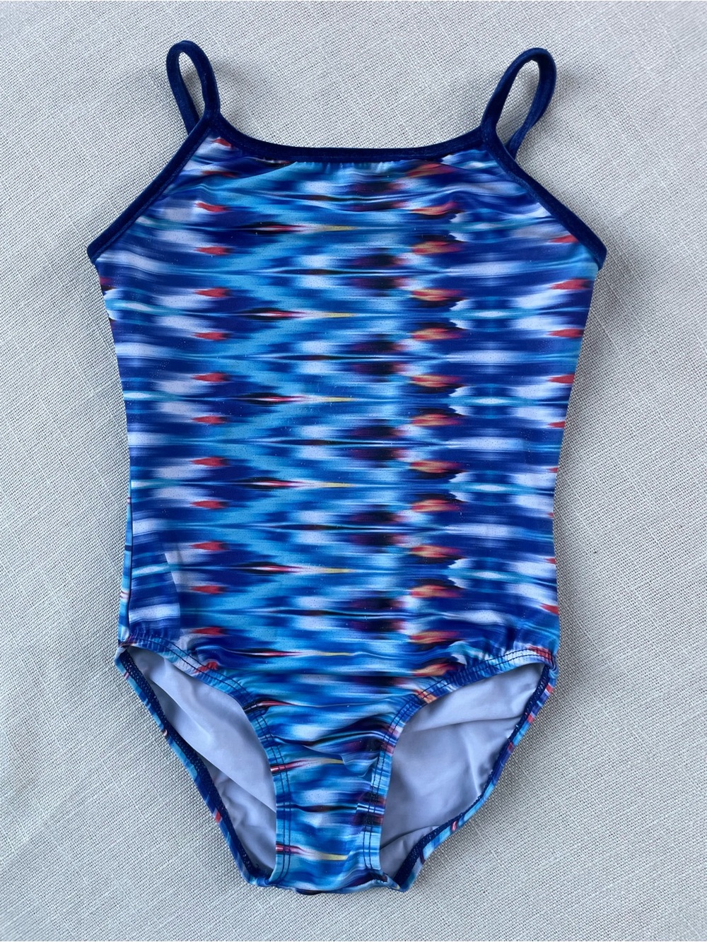 Gymnastic Leotard Youth 10/12 Blue Multi-Color Pattern w/Velvet Straps